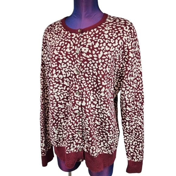 Lands' End Maroon White Leopard Print Supima Cotton Cardigan Sweater Size Large - Picture 7 of 7